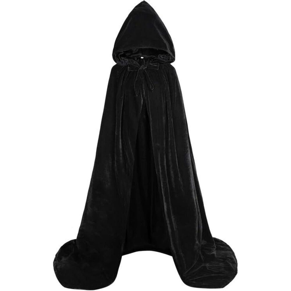 Hooded Cape Reversible Velvet Cloak Lined w/ Satin for Halloween, SMALL - BLACK